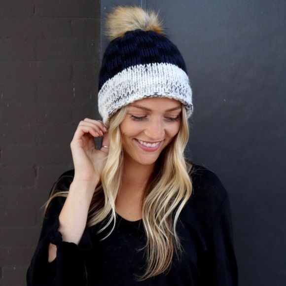 Navy Buffalo Checkered Knit Cable Pompom Beanie - Picture 3 of 4